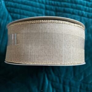 Christmas Noel Wired Jumbo Polyester Ribbon | Tan | Gold Trim | 2 1/2 in x 80 ft